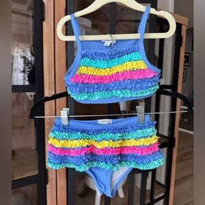 Flapdoodles bikini swimsuit set toddler girl ruffles colorful rainbow periwinkle